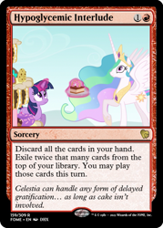 Size: 375x523 | Tagged: safe, derpibooru import, edit, princess celestia, twilight sparkle, unicorn twilight, alicorn, unicorn, mmmystery on the friendship express, cake, cakelestia, ccg, food, glowing, glowing horn, horn, magic, magic the gathering, thousand yard stare, trading card, trading card edit