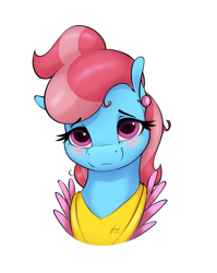 Size: 1321x1663 | Tagged: safe, artist:aquaticvibes, derpibooru import, cup cake, earth pony, pony, blushing, bust, female, looking at you, mare, simple background, smiling, smiling at you, solo, white background