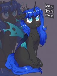 Size: 1920x2546 | Tagged: safe, artist:pledus, derpibooru import, oc, oc only, changeling, changeling queen, blue changeling, blushing, changeling oc, commission, female, solo, ych result