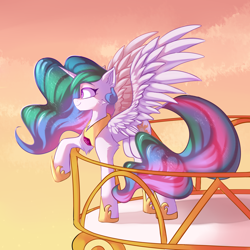 Size: 3000x3000 | Tagged: safe, artist:thieftea, derpibooru import, princess celestia, alicorn, pony, balcony, cheek fluff, chest fluff, ear fluff, ears, female, high res, leg fluff, mare, profile, sky, solo, spread wings, wings