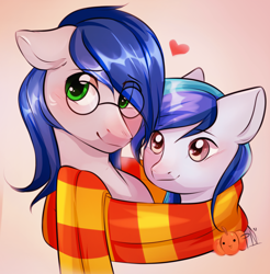 Size: 1920x1952 | Tagged: safe, artist:pledus, derpibooru import, oc, oc only, pony, blushing, clothes, commission, duo, female, glasses, heart, male, oc x oc, scarf, shared clothing, shared scarf, shipping, straight, striped scarf