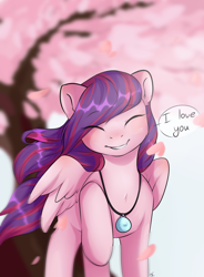 Size: 1920x2610 | Tagged: safe, artist:pledus, derpibooru import, oc, oc only, pegasus, pony, commission, eyes closed, female, i love you, jewelry, necklace, pegasus oc, raised hoof, raised leg, smiling, solo, tree