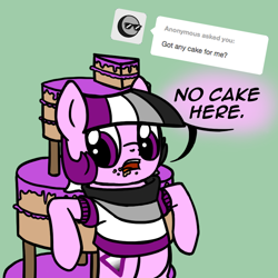 Size: 800x800 | Tagged: safe, artist:thedragenda, derpibooru import, oc, oc:ace, earth pony, pony, ask-acepony, cake, female, food, mare, solo