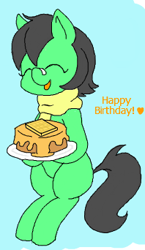 Size: 198x342 | Tagged: safe, artist:wafflecakes, ponerpics import, oc, oc only, oc:anon filly, earth pony, pony, birthday, eyes closed, female, filly, foal, food, hat, party hat, simple background, smiling, waffle