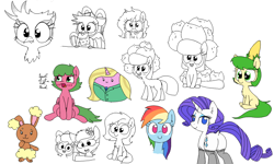 Size: 900x540 | Tagged: safe, artist:wafflecakes, ponerpics import, rainbow dash, rarity, oc, oc:anon filly, griffon, original species, plant pony, pony, unicorn, blob ponies, butt, chest fluff, corn, crotchboobs, dock, drawpile, female, filly, foal, food, hat, letter, looking back, mouth open sitting, nudity, open mouth, plant, plot, simple background, smiling