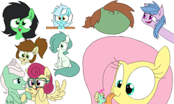 Size: 900x540 | Tagged: safe, artist:wafflecakes, ponerpics import, fluttershy, gentle breeze, lyra heartstrings, posey shy, zephyr breeze, oc, oc:anon filly, pegasus, pony, unicorn, blob ponies, blushing, chest fluff, drawpile, fangs, female, filly, foal, glasses, open mouth, simple background, smiling, spread wings, tongue, tongue out, white background, wings