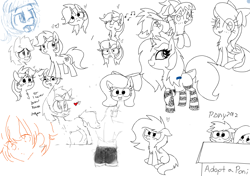 Size: 910x640 | Tagged: safe, artist:wafflecakes, ponerpics import, cloudchaser, flitter, lyra heartstrings, oc, oc:anon filly, earth pony, pegasus, pony, unicorn, bow, box, chest fluff, clothes, drawpile, eyes closed, female, filly, foal, heart, monochrome, music notes, open mouth, simple background, sitting, smiling, socks, tongue, tongue out