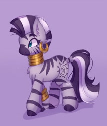 Size: 1593x1866 | Tagged: safe, artist:sidruni, derpibooru import, zecora, zebra, bracelet, chest fluff, ear piercing, earring, female, jewelry, lavender background, mare, neck rings, piercing, quadrupedal, simple background, solo