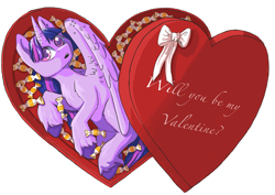 Size: 3508x2480 | Tagged: safe, artist:ardilya, derpibooru import, twilight sparkle, twilight sparkle (alicorn), alicorn, pony, candies, commission, cute, digital art, heart, heart eyes, holiday, simple background, solo, valentine, valentine's day, white background, wingding eyes, ych example, your character here