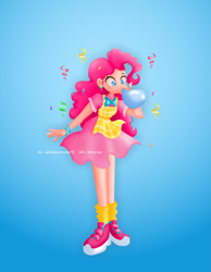 Size: 4277x5500 | Tagged: safe, artist:wenraz, derpibooru import, pinkie pie, human, absurd resolution, apron, balloon, blowing up balloons, blue background, bow, bowtie, bracelet, clothes, confetti, cute, diapinkes, ear piercing, earring, female, humanized, jewelry, piercing, shirt, shoes, simple background, skirt, sneakers, socks, solo, t-shirt, wristband