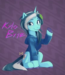 Size: 2380x2750 | Tagged: safe, artist:pwnagespartan, derpibooru import, oc, oc only, oc:kylo byte, pony, unicorn, clothes, female, hoodie, horn, sitting, smiling, solo, unicorn oc