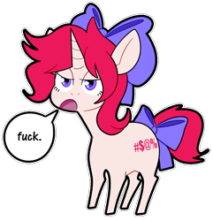 Size: 2600x2700 | Tagged: safe, artist:rainbowheartunicorn, derpibooru import, oc, oc only, pony, unicorn, bowtie, fuck, simple background, solo, speech bubble, transparent background, vulgar