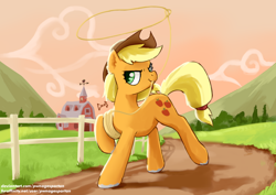 Size: 3508x2480 | Tagged: safe, artist:pwnagespartan, derpibooru import, applejack, earth pony, pony, barn, female, lasso, mouth hold, rope, solo, sweet apple acres