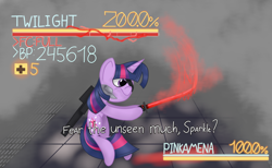 Size: 2600x1600 | Tagged: safe, artist:kanw, derpibooru exclusive, derpibooru import, twilight sparkle, unicorn twilight, cyborg, pony, unicorn, crossover, dialogue, eyepatch, fog, implied pinkie pie, metal gear, metal gear rising, monsoon, murasama, solo, sword, text, weapon