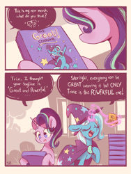 Size: 1800x2400 | Tagged: safe, artist:scribble-potato, derpibooru import, starlight glimmer, trixie, pony, unicorn, 2 panel comic, cape, clothes, comic, dialogue, eyes closed, februpony, female, hat, mare, open mouth, speech bubble, trixie's cape, trixie's hat