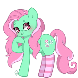 Size: 800x800 | Tagged: safe, artist:twilightmew16, derpibooru import, minty, earth pony, pony, blushing, clothes, female, full body, hooves, shading, signature, simple background, socks, solo, standing, striped socks, tail, transparent background, two toned mane, two toned tail