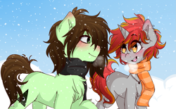 Size: 1659x1029 | Tagged: safe, artist:tokyone-chan, derpibooru import, oc, oc only, oc:feuer, earth pony, pony, unicorn, blushing, chest fluff, clothes, duo, earth pony oc, female, horn, male, oc x oc, scarf, shipping, snow, unicorn oc