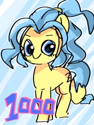 Size: 768x1024 | Tagged: safe, artist:pnpn_721, derpibooru import, oc, oc only, earth pony, pony, 1000, 1000 followers, abstract background, blue mane, female, followers, looking at you, mare, smiling, smiling at you, solo, z