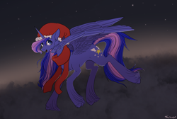 Size: 3500x2347 | Tagged: safe, artist:rover, artist:rrrover, derpibooru import, oc, alicorn, pony, christmas, cloud, dark, hat, holiday, night, santa hat, sky, solo