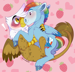 Size: 1500x1448 | Tagged: safe, artist:owlcoholik, derpibooru import, gilda, guilder, rainbow blitz, rainbow dash, griffon, pegasus, pony, backwards cutie mark, gay, gildash, male, rule 63, shipping, stallion