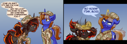 Size: 5000x1750 | Tagged: safe, artist:witchtaunter, derpibooru import, oc, bat pony, pony, unicorn, angry, bat pony oc, bat wings, bonk, camouflage, chest fluff, clothes, comic, commission, confused, derp, ear fluff, ears, faic, female, flirting, hat, horny jail, magic, male, nightstick, no horny, speech bubble, telekinesis, uniform, wings