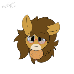 Size: 1500x1500 | Tagged: safe, artist:solder point, derpibooru import, oc, oc only, oc:pencil test, earth pony, pony, blushing, burger, bust, colored, cute, digital art, ears, earth pony oc, eating, floppy ears, fluffy mane, food, freckles, glasses, happy, signature, simple background, solo, transparent background