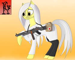 Size: 1700x1350 | Tagged: safe, artist:киров, derpibooru import, oc, earth pony, pony, fanfic art, golden eyes, gun, solo, weapon, white hair, wolfenstein, yellow fur