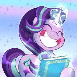 Size: 1200x1200 | Tagged: safe, artist:daisydewdles, derpibooru import, starlight glimmer, pony, unicorn, memnagerie, spoiler:memnagerie, book, happy, magic, magic aura, scene interpretation, smiling, sparkles, wide smile