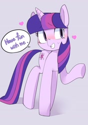 Size: 2507x3541 | Tagged: safe, artist:gakushuogawa, derpibooru import, twilight sparkle, unicorn twilight, pony, unicorn, blushing, female, gray background, heart, mare, simple background, solo, speech bubble