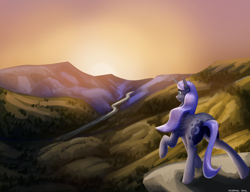 Size: 3250x2500 | Tagged: safe, artist:trotski432, artist:vezja, derpibooru import, princess luna, alicorn, pony, cutie mark, female, forest, hill, mare, mountain, raised hoof, raised leg, river, rock, scenery, scenery porn, sky, solo, sunset, tail, tree, water, wings