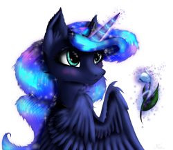 Size: 1280x1111 | Tagged: safe, artist:lunarmoonponi, derpibooru import, princess luna, alicorn, pony, bust, cute, flower, magic, simple background, solo, telekinesis, transparent background