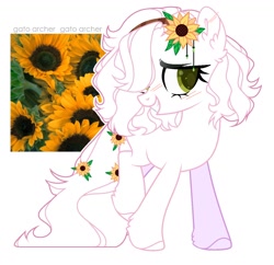 Size: 1314x1274 | Tagged: safe, artist:kimio666, derpibooru import, oc, oc only, earth pony, pony, ear fluff, ears, eyelashes, female, flower, grin, mare, raised hoof, raised leg, simple background, smiling, solo, sunflower, white background