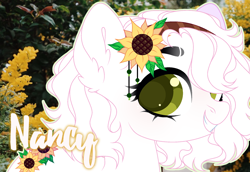 Size: 1110x762 | Tagged: safe, artist:kimio666, derpibooru import, oc, oc only, earth pony, pony, ear fluff, ears, earth pony oc, eyelashes, female, flower, grin, mare, outdoors, smiling, solo, sunflower