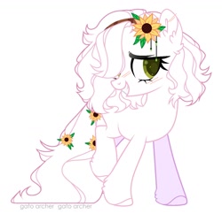Size: 1314x1274 | Tagged: safe, alternate version, artist:kimio666, derpibooru import, oc, oc only, earth pony, pony, background removed, ear fluff, ears, earth pony oc, female, flower, flower in hair, grin, mare, simple background, smiling, solo, sunflower, white background