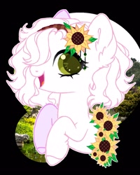 Size: 1000x1250 | Tagged: safe, artist:kimio666, derpibooru import, oc, oc only, earth pony, pony, black background, bust, ear fluff, ears, earth pony oc, female, flower, flower in hair, mare, open mouth, simple background, smiling, solo, sunflower