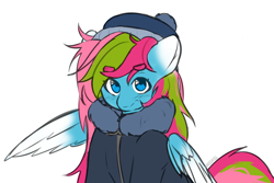 Size: 3000x2000 | Tagged: safe, artist:nelu, artist:osukel, derpibooru import, oc, oc only, oc:media smile, pegasus, pony, collaboration, blushing, clothes, eyebrows, looking at you, outfit, pegasus oc, simple background, sketch, solo, white background, winter clothes, winter outfit