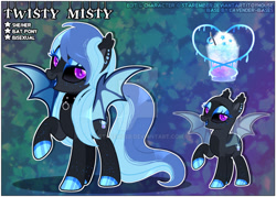 Size: 1280x917 | Tagged: safe, artist:starember, derpibooru import, oc, oc:twisty misty, bat pony, pony, black sclera, female, mare, reference sheet, solo