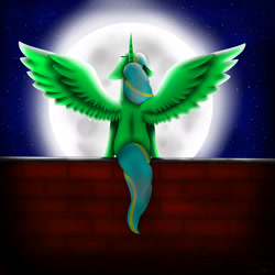 Size: 2449x2449 | Tagged: safe, artist:maneblue, derpibooru import, oc, oc only, alicorn, pony, alicorn oc, full moon, horn, moon, night, outdoors, sitting, solo, spread wings, stars, wings