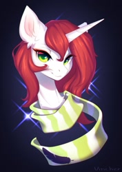 Size: 1923x2720 | Tagged: safe, artist:vincher, derpibooru import, oc, oc only, pony, unicorn, clothes, disembodied head, feather, green eyes, high res, horn, long horn, looking at you, scarf, signature, smiling, smiling at you, solo