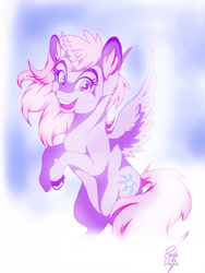 Size: 1017x1353 | Tagged: safe, artist:razledazle, derpibooru import, oc, oc only, alicorn, pony, alicorn oc, eyelashes, female, horn, mare, signature, smiling, wings