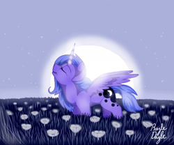 Size: 1421x1180 | Tagged: safe, artist:razledazle, derpibooru import, princess luna, alicorn, pony, flower, full moon, glowing, glowing horn, horn, magic, moon, night, outdoors, s1 luna, signature, stars, telekinesis