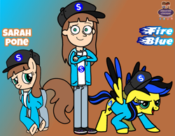 Size: 1739x1359 | Tagged: safe, artist:mrstheartist, oc, oc only, oc:fireblue, oc:sarah (human), oc:sarah pone, human, pegasus, pony, friendship is magic, base used, black outline, cap, clothes, equine, female, fictional species, gradient background, group, hasbro, hat, headwear, hoodie, looking back, mammal, my little pony, rule 63, self paradox, snapback, topwear, trio, unzipped