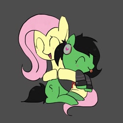 Size: 1000x1000 | Tagged: safe, artist:omelettepony, ponerpics import, fluttershy, oc, oc:anon filly, pony, blushing, eyes closed, female, filly, foal, hug, open mouth, simple background, smiling, tongue, tongue out