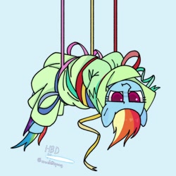 Size: 2048x2048 | Tagged: safe, artist:omelettepony, ponerpics import, rainbow dash, pegasus, pony, glare, looking at you, simple background, solo, staring at you, tangled up, tied up, unamused