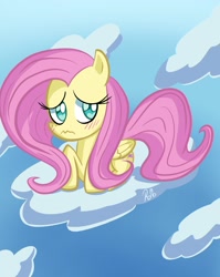 Size: 1633x2048 | Tagged: safe, artist:headhazed, ponerpics import, fluttershy, pegasus, pony, blushing, cloud, frown, sitting, sky