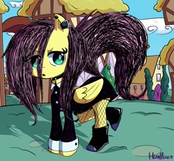 Size: 2162x2000 | Tagged: safe, artist:headhazed, ponerpics import, fluttershy, pegasus, pony, boots, clothes, dock, dress, ear piercing, fishnet stockings, goth, open mouth, piercing, ponyville, raised tail, shoes, tail