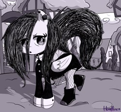 Size: 2162x2000 | Tagged: safe, artist:headhazed, ponerpics import, fluttershy, pegasus, pony, boots, clothes, dock, dress, ear piercing, fishnet stockings, goth, monochrome, open mouth, piercing, ponyville, raised tail, shoes, tail