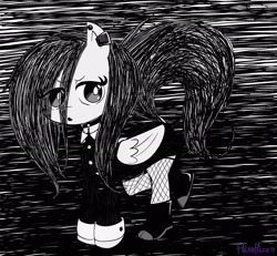 Size: 2162x2000 | Tagged: safe, artist:headhazed, ponerpics import, fluttershy, pegasus, pony, boots, clothes, dock, dress, ear piercing, fishnet stockings, goth, monochrome, open mouth, piercing, raised tail, shoes, tail