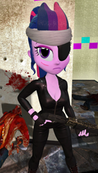 Size: 900x1600 | Tagged: safe, alternate version, artist:oatmeal!, derpibooru import, twilight sparkle, undead, zombie, equestria girls, it's about time, 3d, alternate hairstyle, badass, blood, breasts, cleavage, clothes, eyepatch, future twilight, gmod, gun, half-life, headband, scar, shotgun, skintight clothes, solo, weapon