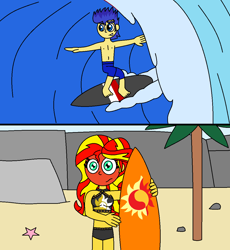 Size: 1064x1158 | Tagged: safe, artist:alonso1711, derpibooru import, flash sentry, sunset shimmer, equestria girls, belly button, bikini, blushing, clothes, female, flashimmer, male, male nipples, nipples, nudity, shipping, starfish, straight, sunset shimmer's beach shorts swimsuit, surfboard, surfing, swimming trunks, swimsuit